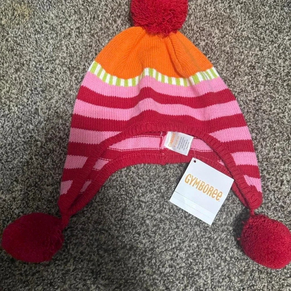 Gymboree pink and red striped knit hat with pom-poms